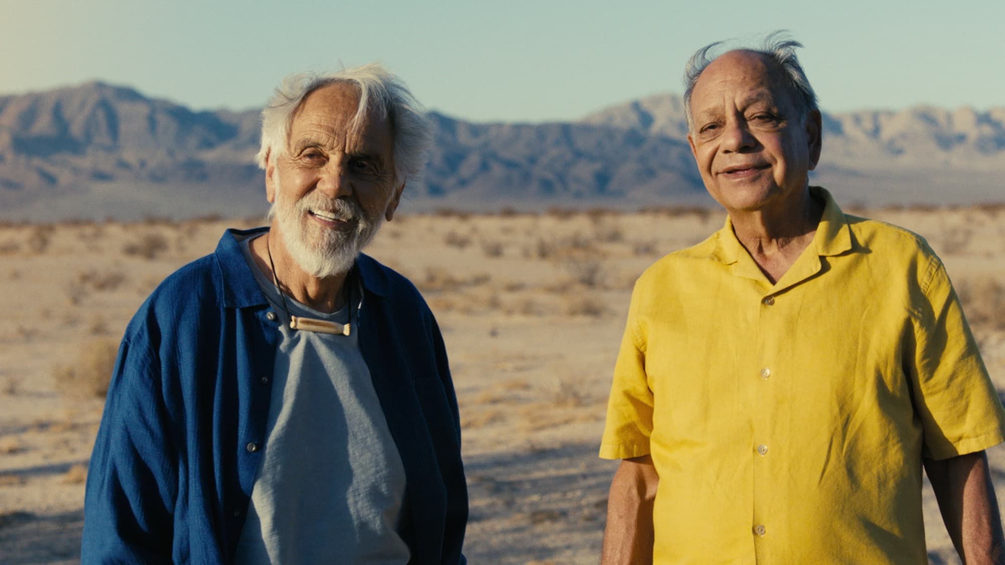 Cheech Marin and Tommy Chong standing together in the desert, from Cheech & Chong's Last Movie