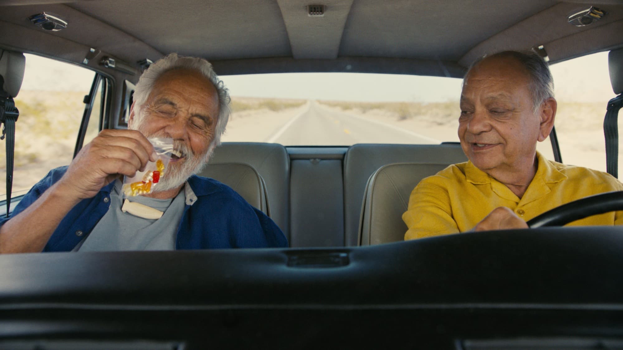 Cheech Marin and Tommy Chong sitting side by side in a car, from Cheech & Chong's Last Movie